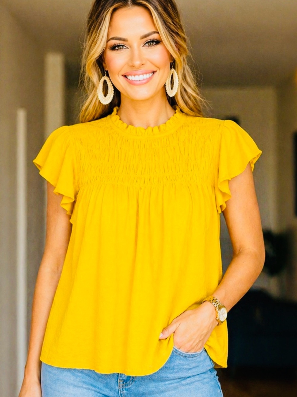 Ann Taylor Yellow Smocked Ruffle Sleeve Blouse Size Large | Feminine Chic Top